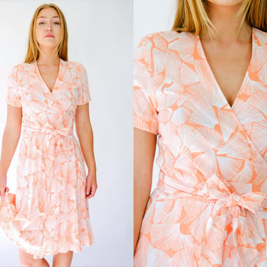 Vintage 80s Diane Von Furstenburg for Saks Fifth Avenue Peach Fan Print Wrap Dress | Cotton Rayon Blend | 1980s DVF Designer Boho Dress 