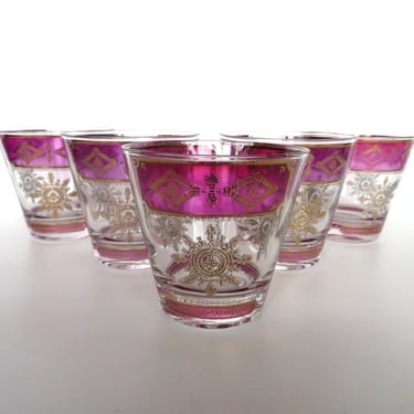 Georges Briard Amethyst Snowflake Rocks Glasses, Set of 5 22kt Hollywood Regency Barware 