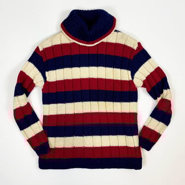 Vintage 1960s Hand Knit Striped Ribbed Turtleneck Sweater Wide Stripes Blue Red White Unisex M 