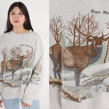 Baggs Wyoming Sweatshirt 90s Elk Sweatshirt Deer Buck Forest Animal Graphic Sweater WY Wildlife Heather Grey Distressed Vintage 1990s L XL 