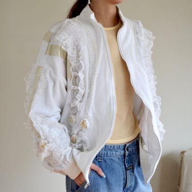 white lace and rosette applique 80s pearl zip up sweatshirt 