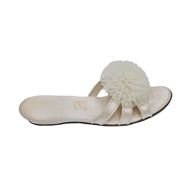 Vintage 50s White Satin Pom Pom House Slippers Retro Sexy Lingerie Casual Indoor Footwear Home Slippers 1950s Slip On Wedding Bridal Shoes 