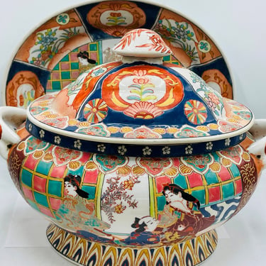 Vintage Ceramic large lidded Soup Tureen With Under Plate- Hand Painted- Chinese 