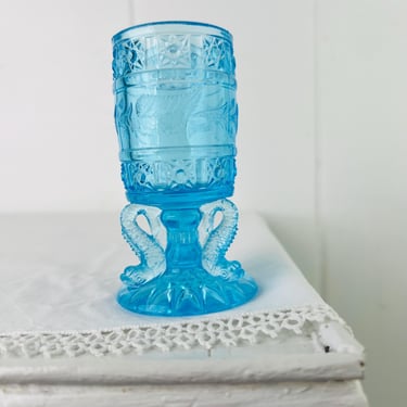 Antique Bryce Higbee & Co Blue Glass Dolphin Footed Match / Toothpick Holder circa 1897 to 1907 EAPG collectible tableware from rural Canada 
