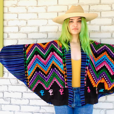Hand Embroidered Jacket // blanket rainbow blouse boho hippie dress Guatemalan southwestern oversize batwing bat wing indigo 70s // O/S 