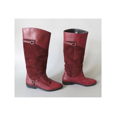 Vintage Riding Boots - Burgundy Maroon Suede Leather - Flat Boot - Size 7 