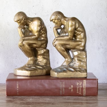 Set of The Thinker Bookends, Pair of Vintage Heavy Brass 1928 Rodin Statue Bookends 