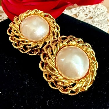 CHANEL Earrings, Faux Pearl Cabochon, Chain Link Trim, Made in France, Signed, Clip On, Vintage 
