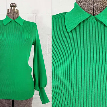 Vintage Green Pullover Sweater Ribbed Joyce Collared Long Sleeve Kelly Knit Twin Peaks Balloon Sleeves 1960s 1970s Small Medium 