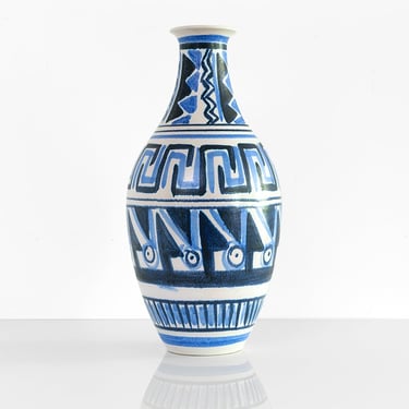 Mette Doller large vase patterned in blue for Hoganas, Sweden, 1950