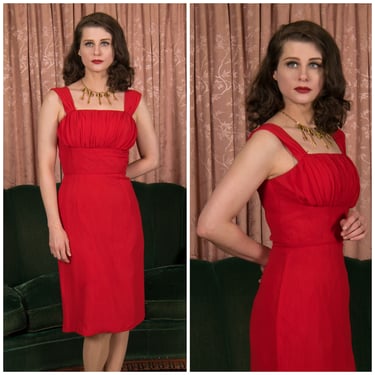 1950s Dress - Bombshell Lipstick Red Silk Chiffon Vintage 50s Wiggle Dress with Ruched Bust 