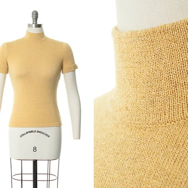 Vintage 1980s Sweater Top | 80s ST. JOHN Metallic Gold Knit Wool Lurex Mock Neck Mockneck Short Sleeve Pullover Blouse (x-small/small) 