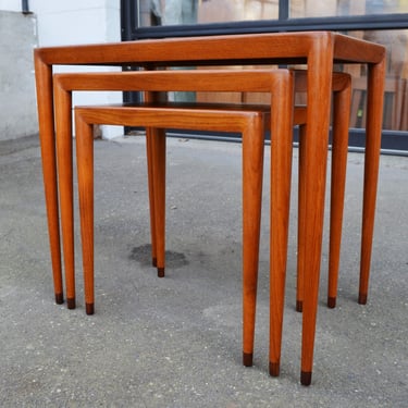 Exquisite Set of 3 Teak Sculptural Nesting Tables by Illums Bolighus w/ Rosewood Shoes