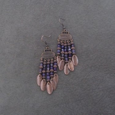 Copper and purple chandelier earrings, bohemian ethnic earrings 