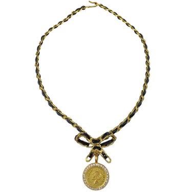 Chanel Gold Black Bow Medallion Rhinestone Choker Necklace 95P