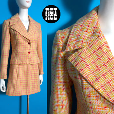 Mod Vintage 60s Yellow Orange Red Plaid Mini Skirt & Jacket Set 