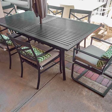 Black Aluminum Outdoor Dining Set with Table & 6 Arm Chairs & Umbrella