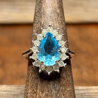 Vintage Light Blue Gemstone Ring Tear Drop Cubic Zirconia Accent Stones 