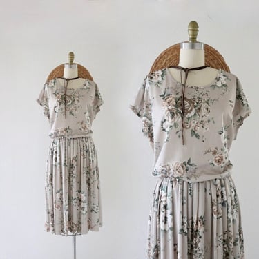 imperfect muted floral dress - l - vintage 70s spring botanical womens size large casual comfortable cute dress 