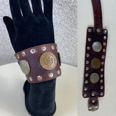 Vintage boho hippie brown leather cuff buckle bracelet with 3 Spanish coins fits 7.5”-8.5” wrist 