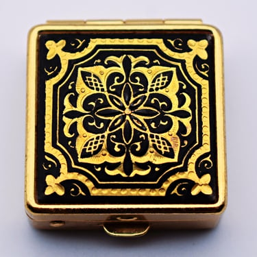 80's square Damascene flowers pill box, gold inlaid steel on gold plate plastic lined trinket box 