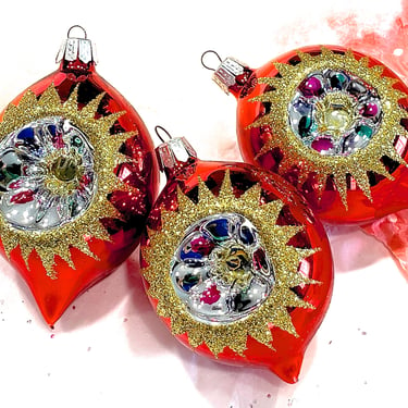 VINTAGE: 3pcs - Hand Blown Indent Glass Ornaments - Glittered Ornaments - Christmas - SKU 00032464 