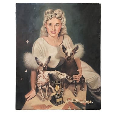 Gypsy Rose Lee Portrait in Oil on Canvas with Chinese Crested Dogs 