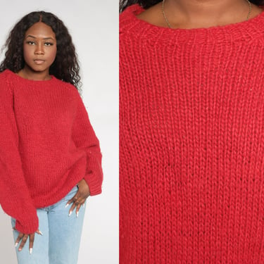 Red Sweater 90s Plain Knit Slouchy Pullover Mohair Blend Crewneck Jumper Raglan Sleeve Basic Minimalist Solid Vintage 1990s Extra Large L XL 