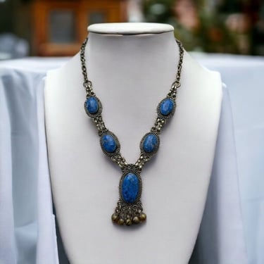 Vintage Womens Metal Chain Bohemian Blue Lapis Pendant Hippie Necklace 