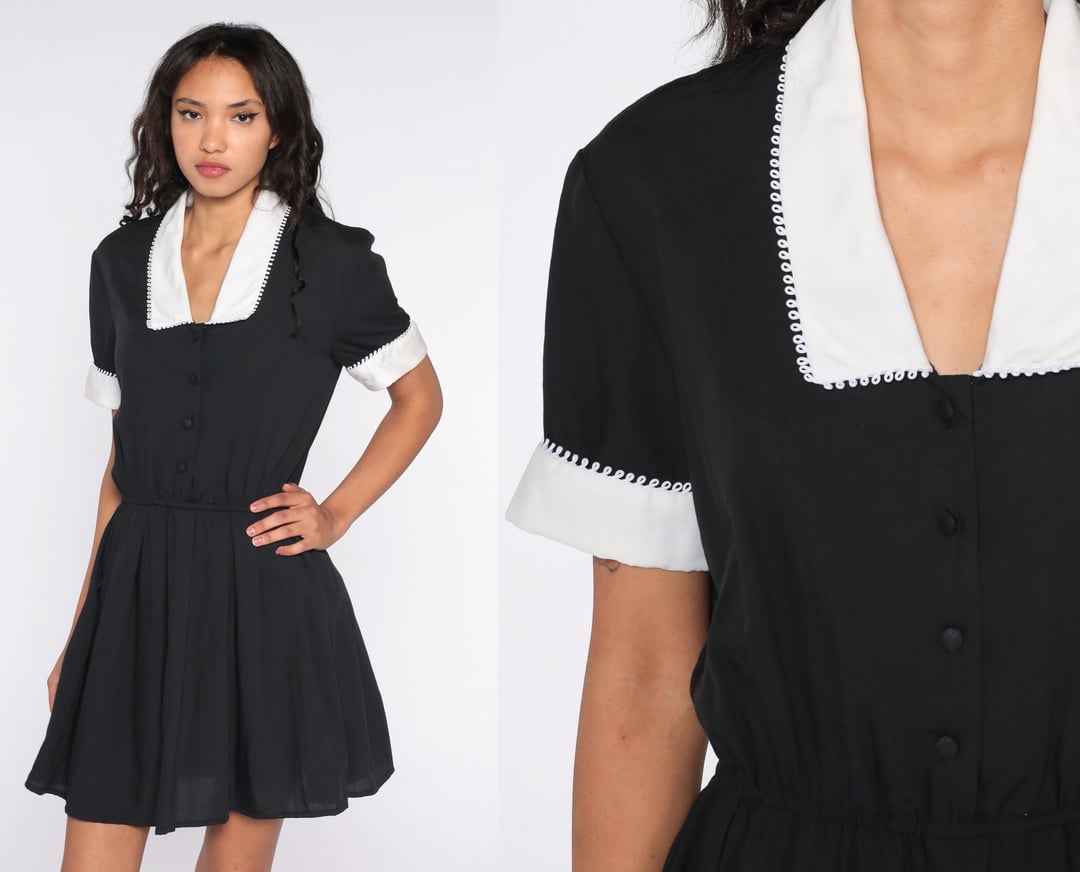 Houndstooth Dress 80s Black White Mini Dress Button up Shirtwaist