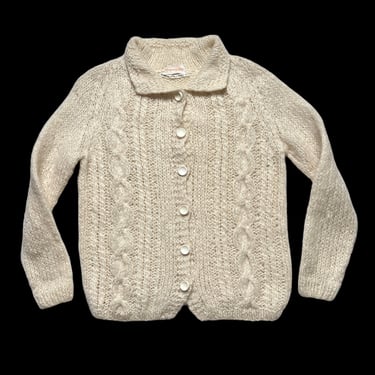 Vintage 1950s/1960s Women's MONTGOMERY WARD Wool & Mohair Cardigan ~ Size 40 ~ Cable Knit Raglan Sweater ~ Made in Italy / Italian 