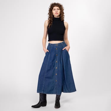 Med-Lrg 90s Dark Wash Denim Button Up Midi Skirt 29