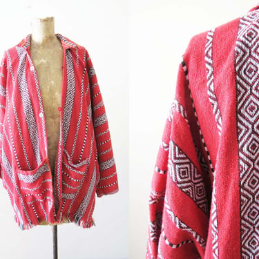 Vintage Woven Cotton Jacket Robe OS - Bohemian Mexico Woven Slouchy Jacket - Southwest Striped Geometric Hippie Robe 