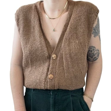 Hand Knit Womens Tan Brown Alpaca Soft Preppy Dark Academia Sweater Vest Sz L 