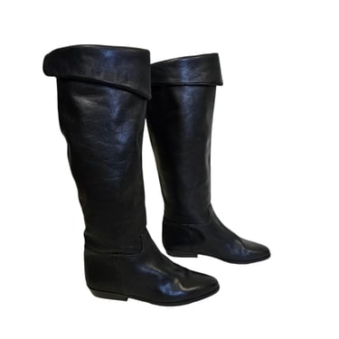 1980's Black Leather Flat Knee High Boots I Sz 8 I Made in Italy 