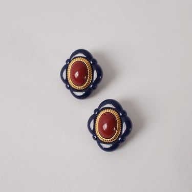 Vintage Royal & Rust Cabochon Earrings