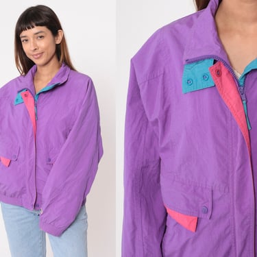 90s Helly Hansen Windbreaker Purple Zip Up Jacket Retro Pink Blue Nylon Sporty Vintage 1990s Plain Oversized Medium 