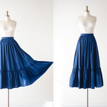 navy maxi skirt | 70s vintage dark blue cosplay antique style full floor length boho prairie peasant skirt 