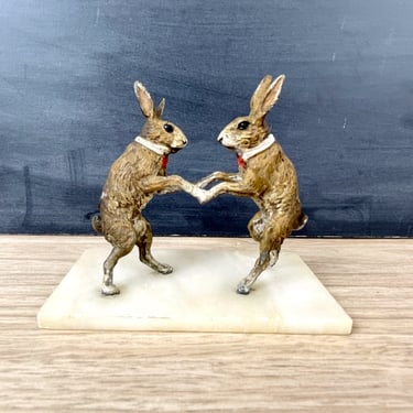 Austrian or Vienna cold painted bronze boxing rabbits - antique metal figurine 