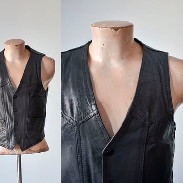 Vintage Black Leather Vest / Prime Parts Vest / Black Leather Vest / Black Leather Biker Vest / Mens Vintage Leather Vest 