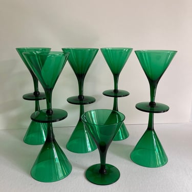 Vintage Green MCM Martini/Cocktail/Champagne Coupe Glasses Set of 11 