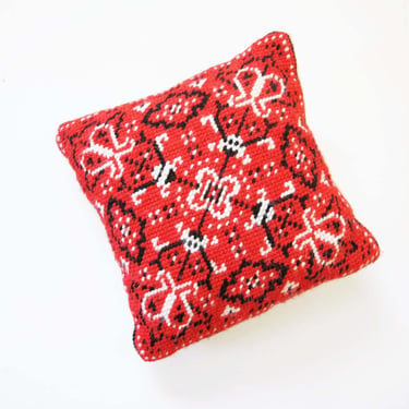 Vintage Red Bandana Needlepoint Pillow 13 x 13 - Classic Western Cowboy Square Embroidered Throw Accent Pillow 