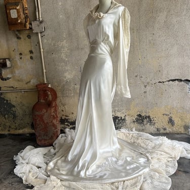 Vintage 1930s White Silk Satin Dress Wedding Bridal Flowers Lace Harlow Bias Cut
