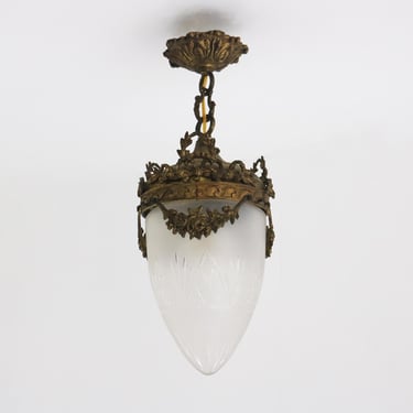 Antique French Hanging Lamp Brass And Frosted Etched Glass Art Nouveau Style Teardrop Shape Ceiling lamp Louis XVI Style 