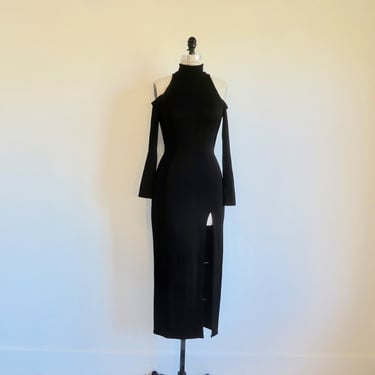 Vintage 1990's Sexy Black Rayon Knit Cold Cutout Shoulder Midi Length Formal Dress Long Sleeves Cache Size Small 