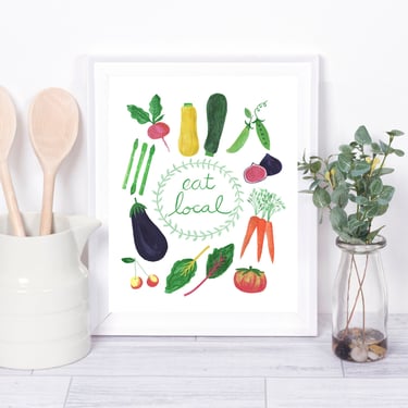 Eat Local Fruits and Vegetables Print/ 8 X 10 Garden Wall Art/ Farmers Market Kitchen Decor/ Food Illustration 