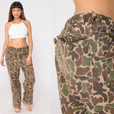 Camo Cargo Pants 90s Distressed Army Pants Military Combat Brown Olive Green Camouflage Streetwear Vintage 1990s Medium 34 