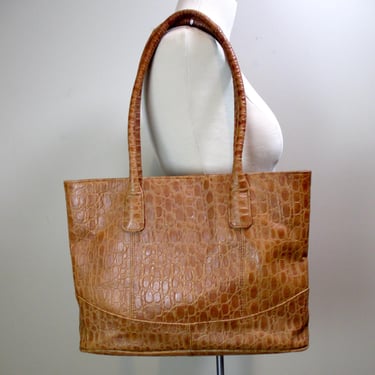 Croco Embossed Tan Leather Shoulder Bag Double Strap Carryall Oversized Handbag Reptile Print City Tote Large Purse Laptop Commuter Bag 