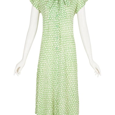 Hermès 1970s Vintage Green Rope Print White Jersey Tie-Neck Dress Sz S M 