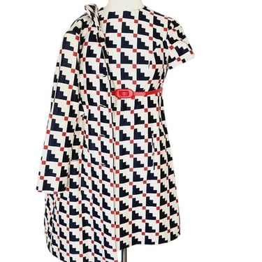 Vintage 60s Mod Dress Suit / Coat Set Geometric Print Navy Blue Red White 